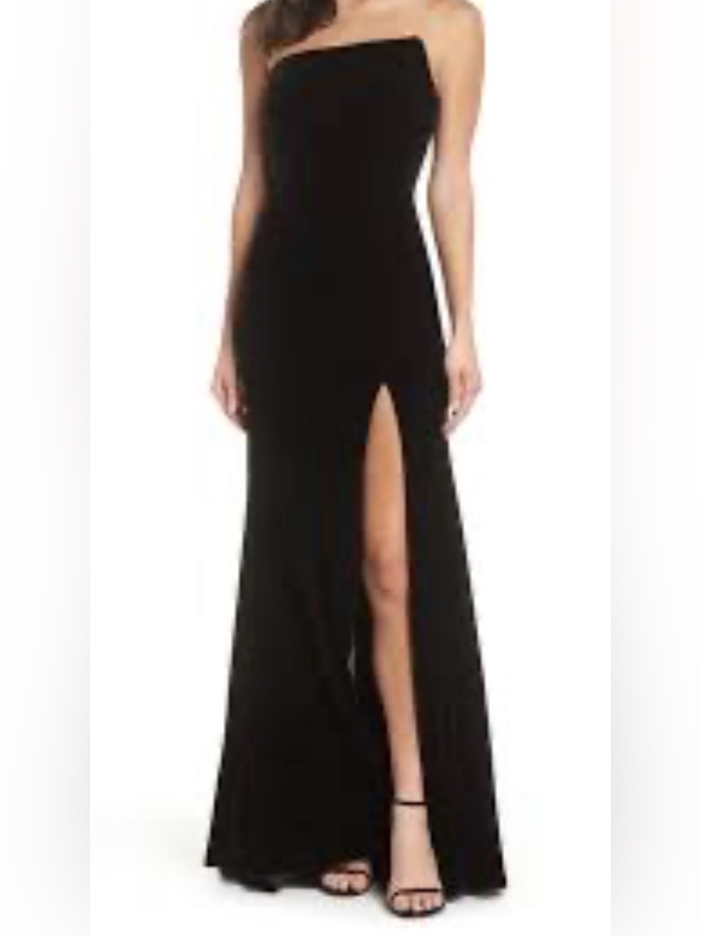 Xscape Strapless Black velvet Evening Gown with High Front left leg Slit size 12